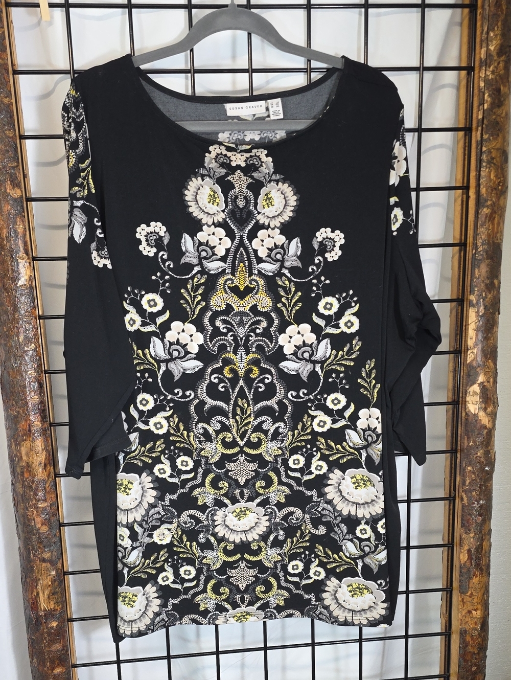 Susan Graver Black Long Sleeve Top with White and Yellow Floral Embroidery - Picture 1 of 10
